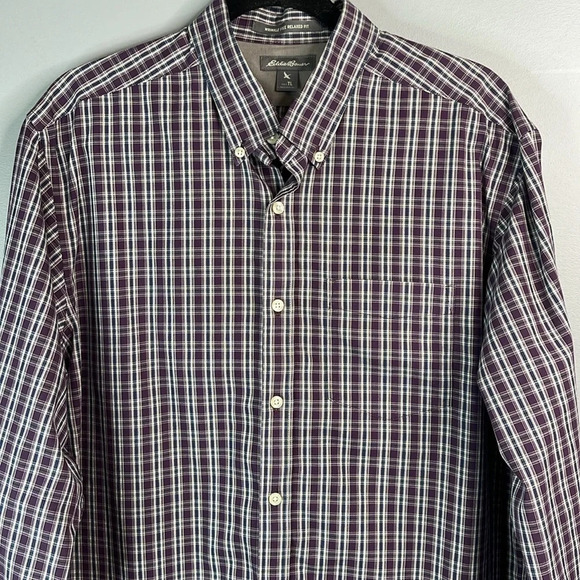 Eddie Bauer Mens Wrinkle Free Relaxed Fit Button Down Shirt Burgundy Plaid LTall - Picture 3 of 13